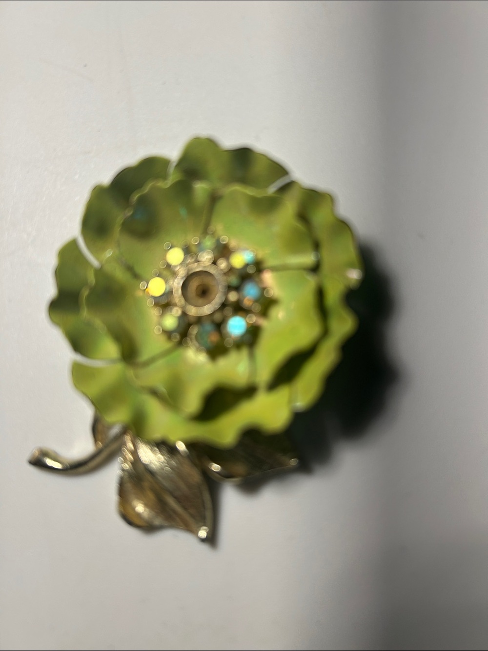 Vintage Green Enamel Floral Brooch with Gold-Tone Accents